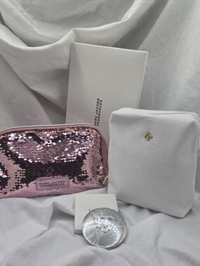 Luxury Makeup Bag Bundle Pink Sequin White Pouch Mirror Set